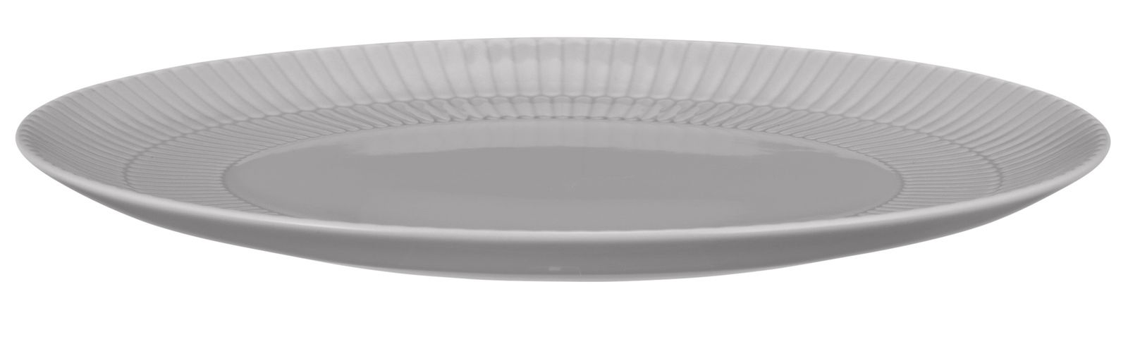 Runder Speiseteller mit geriffeltem Rand, seitliche Perspektive
