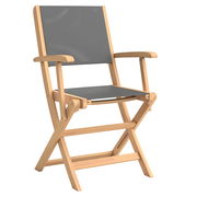 Moderner Gartenstuhl aus Holz mit grauer Bespannung, seitliche Perspektive