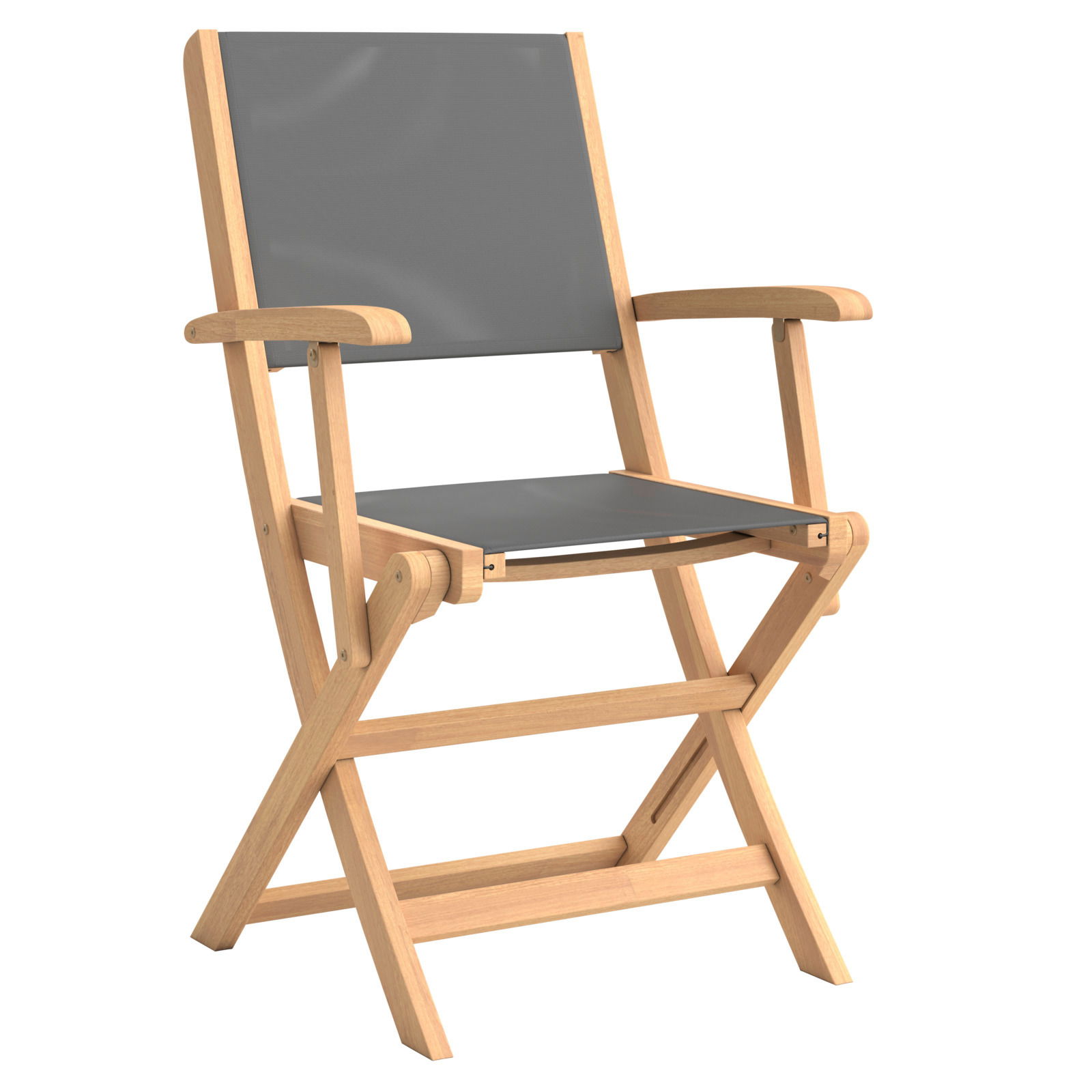 Moderner Gartenstuhl aus Holz mit grauer Bespannung, seitliche Perspektive