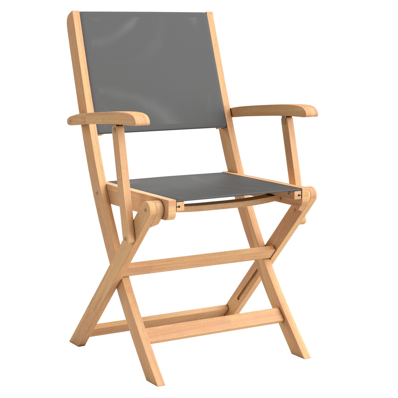 Moderne houten tuinstoel met grijze bekleding, zijaanzicht