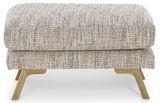 Hocker mit beige-gemustertem Stoffbezug und Holzbeinen, Frontalansicht