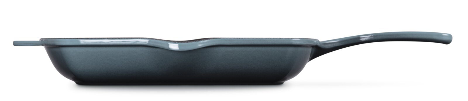 Seitliche Ansicht einer 26cm Grillpfanne in der Farbe Ocean mit ergonomischem Griff.