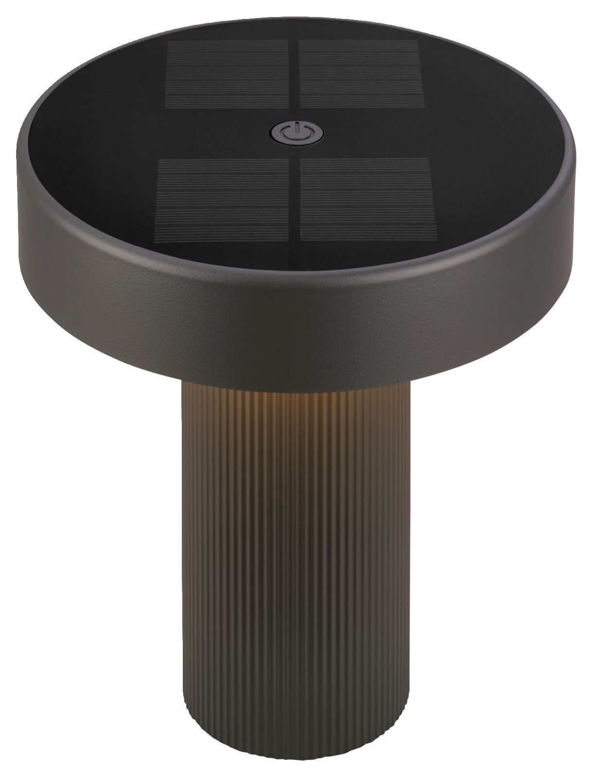 Zwarte tuinlamp op zonne-energie met rond zonnepaneel en aan/uit-knop, vooraanzicht licht van bovenaf op een witte achtergrond