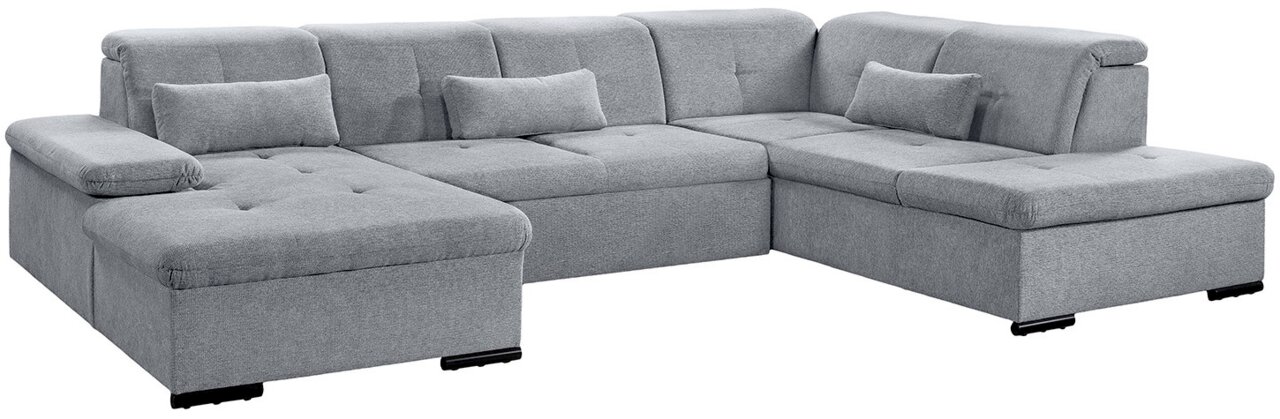 Graues Ecksofa in U-Form mit mehreren Kissen, Ansicht von schräg vorne.