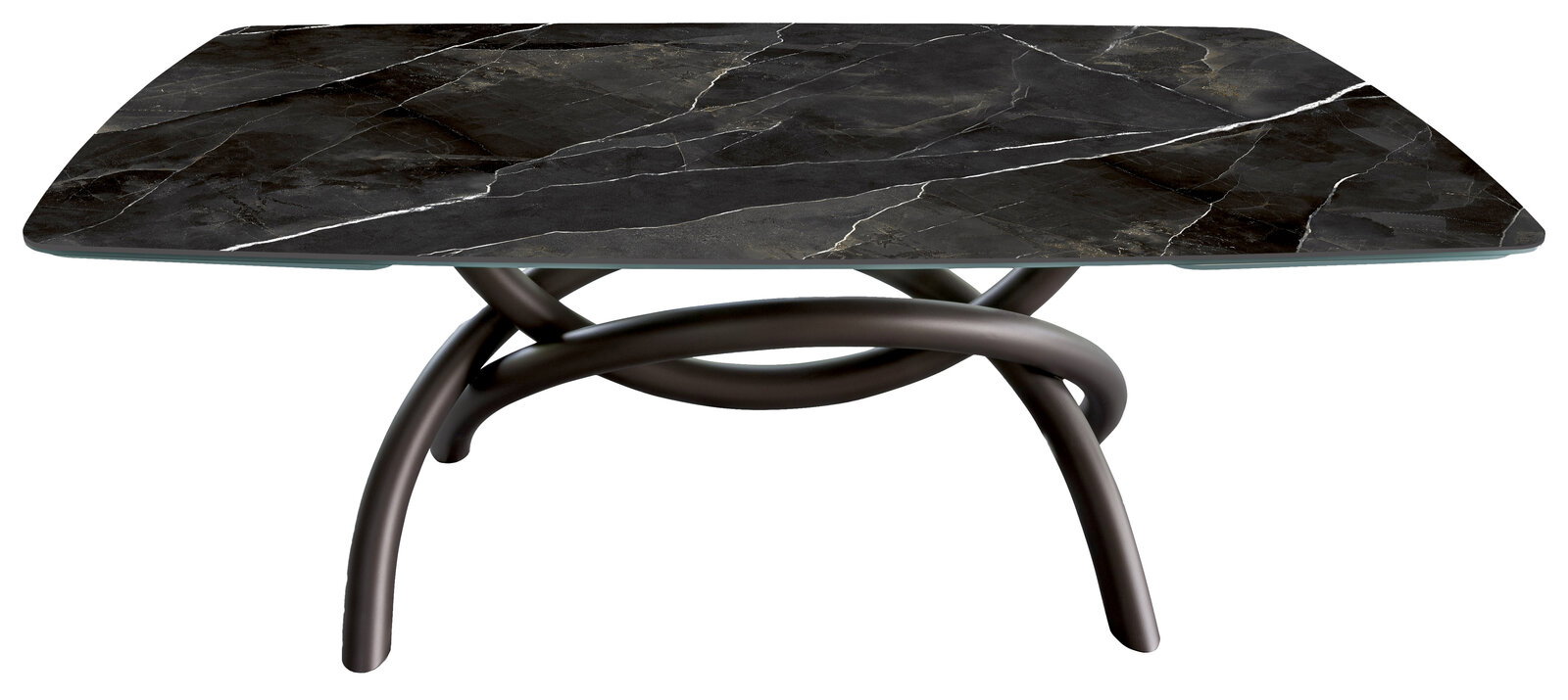 Moderner Esstisch mit schwarzer Marmorplatte und kunstvoll verschlungenem Metallgestell, seitliche Perspektive.