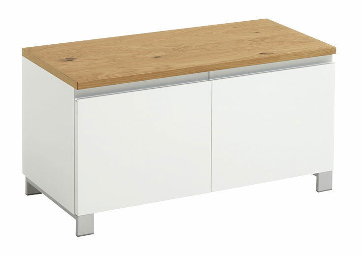 Garderobenbank mit weißem Korpus und Holzoberfläche, seitliche Perspektive