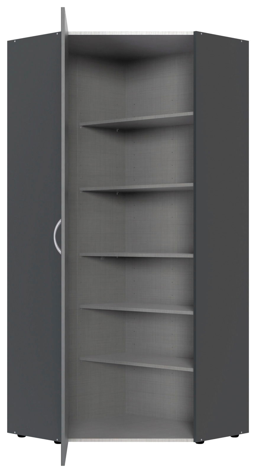 Eckschrank mit geöffneter Tür, graue Farbe, mehrere Regalböden, frontale Perspektive
