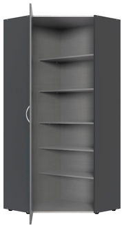 Eckschrank mit geöffneter Tür, graue Farbe, mehrere Regalböden, frontale Perspektive