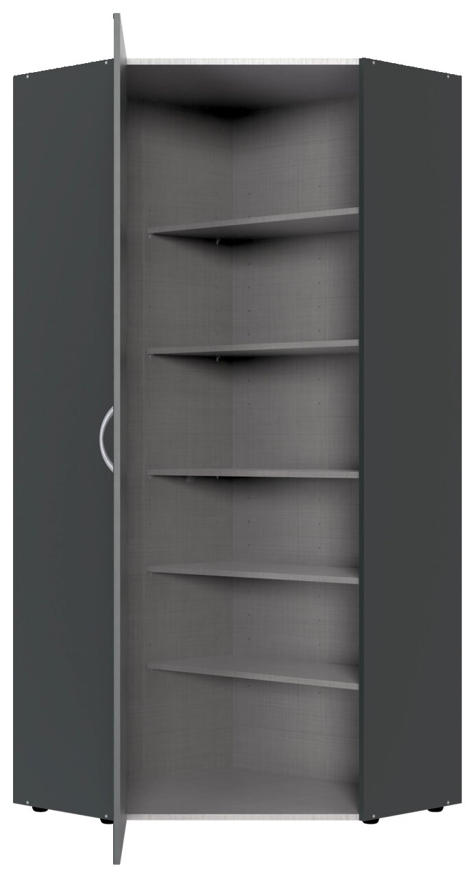 Eckschrank mit geöffneter Tür, graue Farbe, mehrere Regalböden, frontale Perspektive