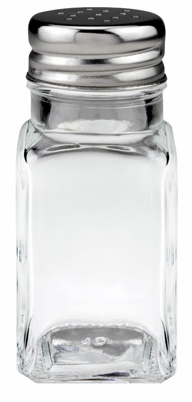 Justinus Streuer Glasstreuer mit silbernem Deckel, frontal fotografiert