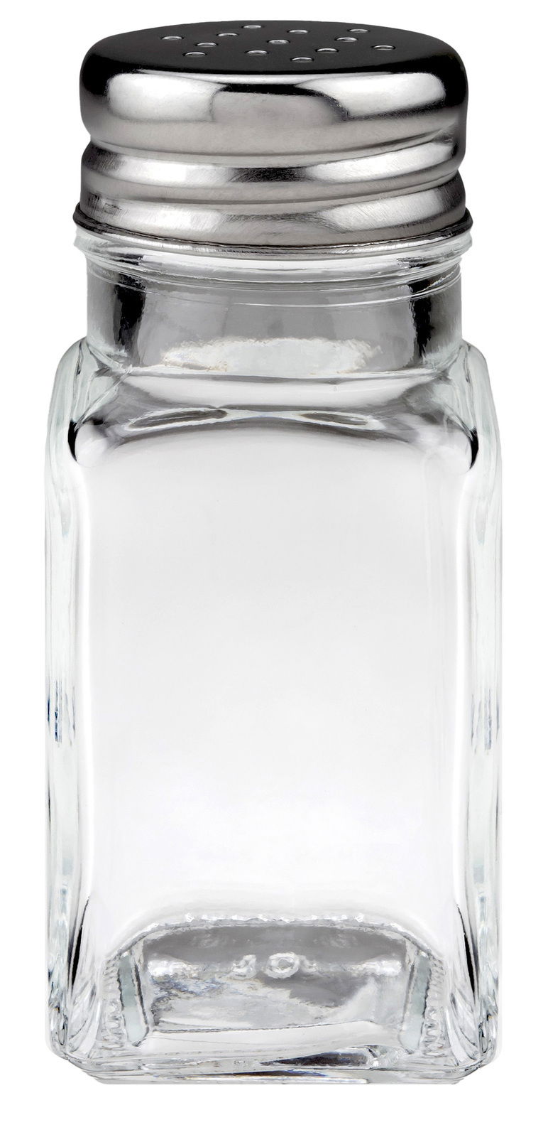 Glasstreuer mit silbernem Deckel, frontal fotografiert