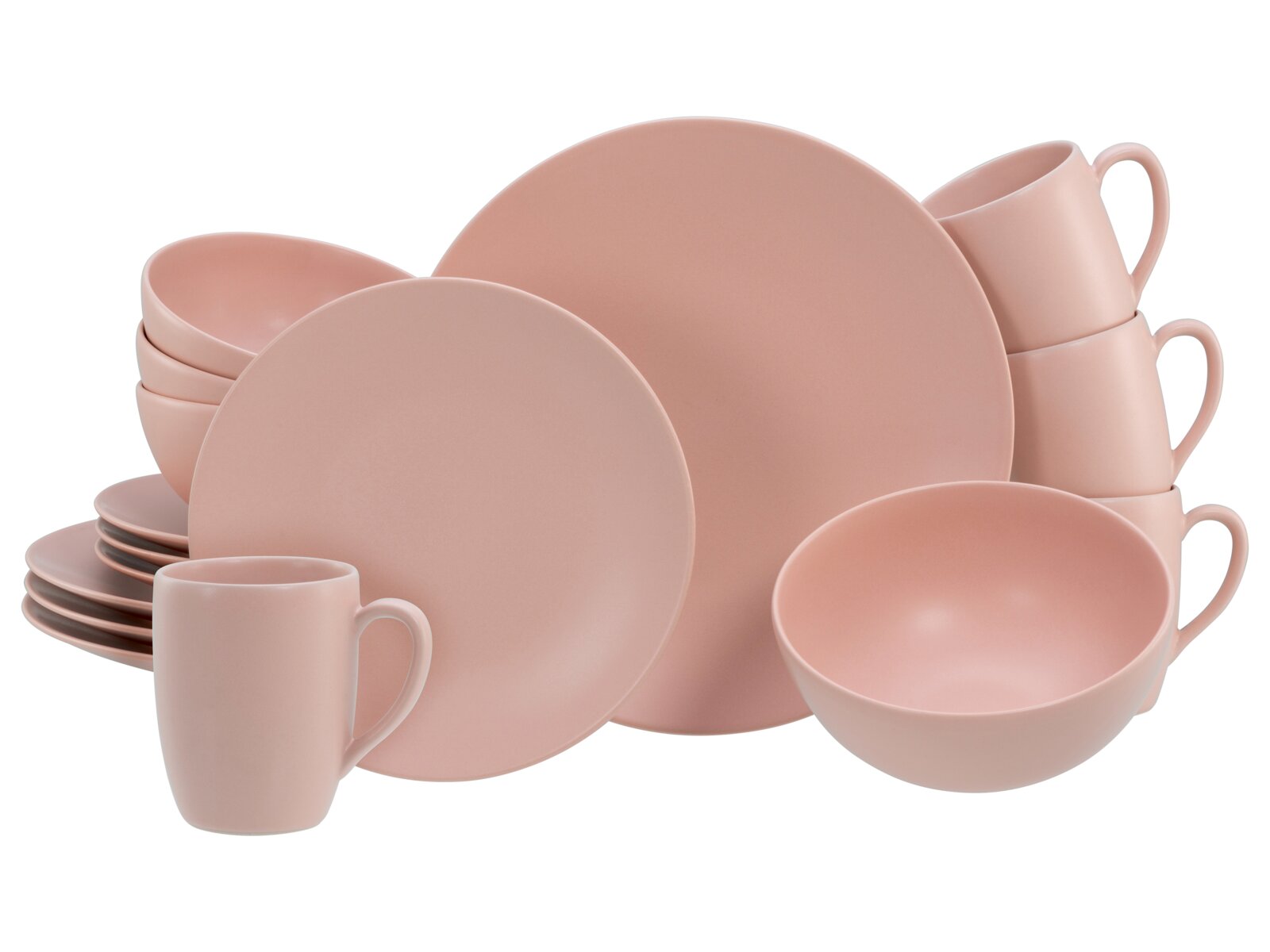 Creatable Kombiservice 16-tlg SOFT TOUCH Rosafarbenes, mattes Geschirrset mit Tellern, Schalen und Bechern auf weißem Hintergrund, perspektivische Studioaufnahme in leichter Vorderansicht.