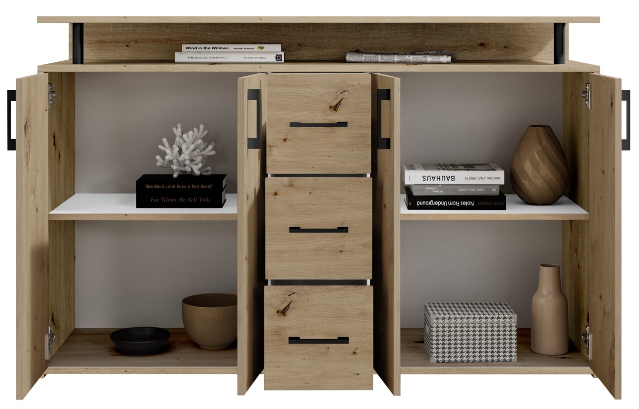 Vooraanzicht van een dressoir met open deuren en lades, versierd met boeken, vazen en andere accessoires.