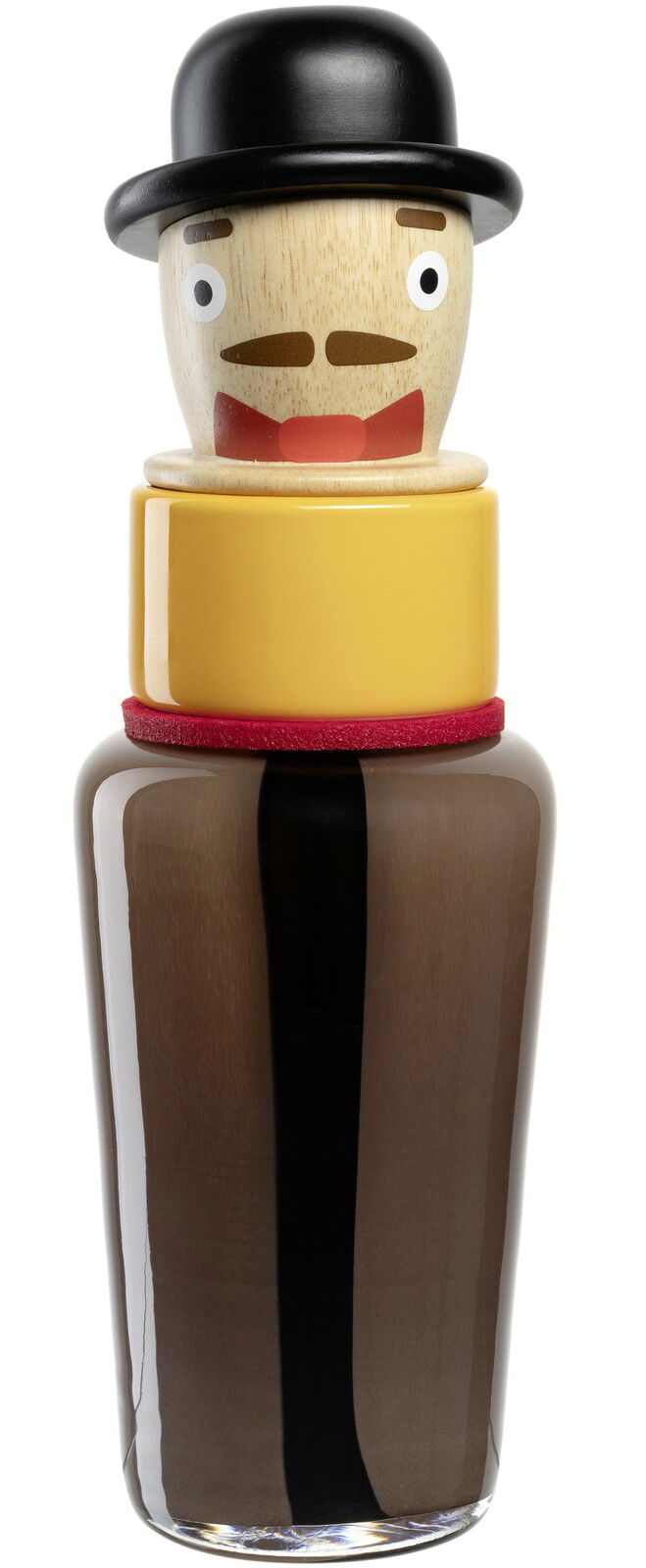 Vase in Form eines stilisierten Kopfes mit Hut, gelbem Kragen und braunem Körper, frontal abgebildet.