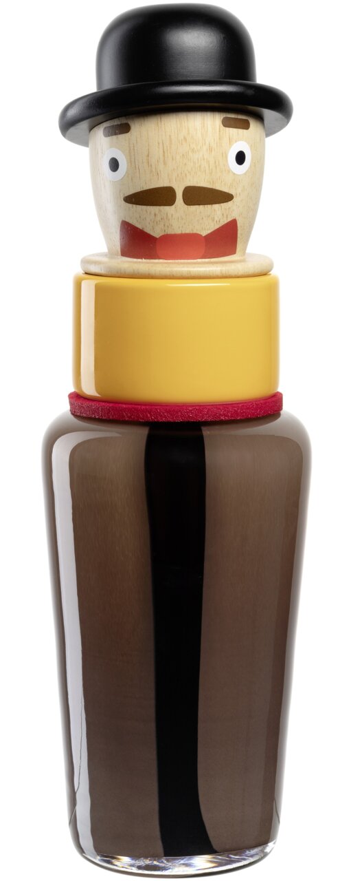 Leonardo Objektvase Luigi BUONI AMICI Vase in Form eines stilisierten Kopfes mit Hut, gelbem Kragen und braunem Körper, frontal abgebildet.