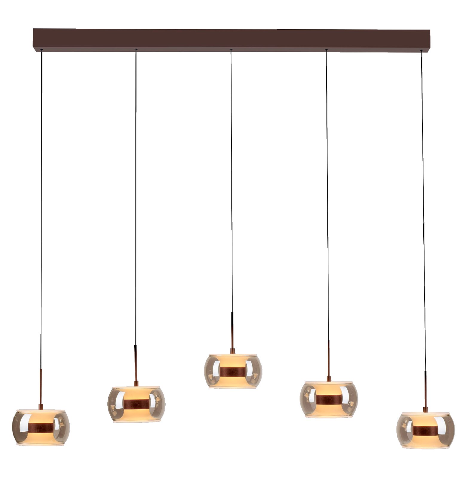 Moderne 5-flammige Pendelleuchte mit langem Deckenbalken, fünf höhenversetzten Rauchglas-Schirmen und warmem Licht, Frontansicht.