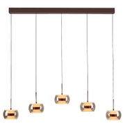 Moderne 5-flammige Pendelleuchte mit langem Deckenbalken, fünf höhenversetzten Rauchglas-Schirmen und warmem Licht, Frontansicht.