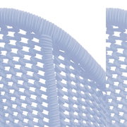 Detailansicht eines Armlehnstuhls mit geflochtenem Seilgeflecht in dunkler Farbe.