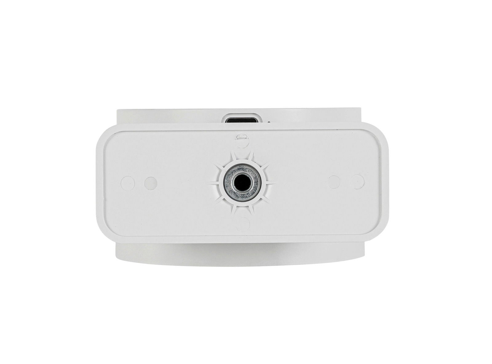 Frontansicht einer weißen Akku-Wandleuchte mit zentralem Anschluss.