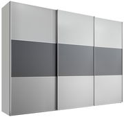 Moderner Schwebetürenschrank mit grauen und silbernen Paneelen, seitliche Perspektive