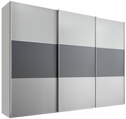 Moderner Schwebetürenschrank mit grauen und silbernen Paneelen, seitliche Perspektive