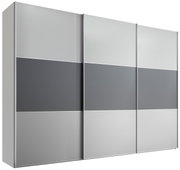 Moderner Schwebetürenschrank mit grauen und silbernen Paneelen, seitliche Perspektive