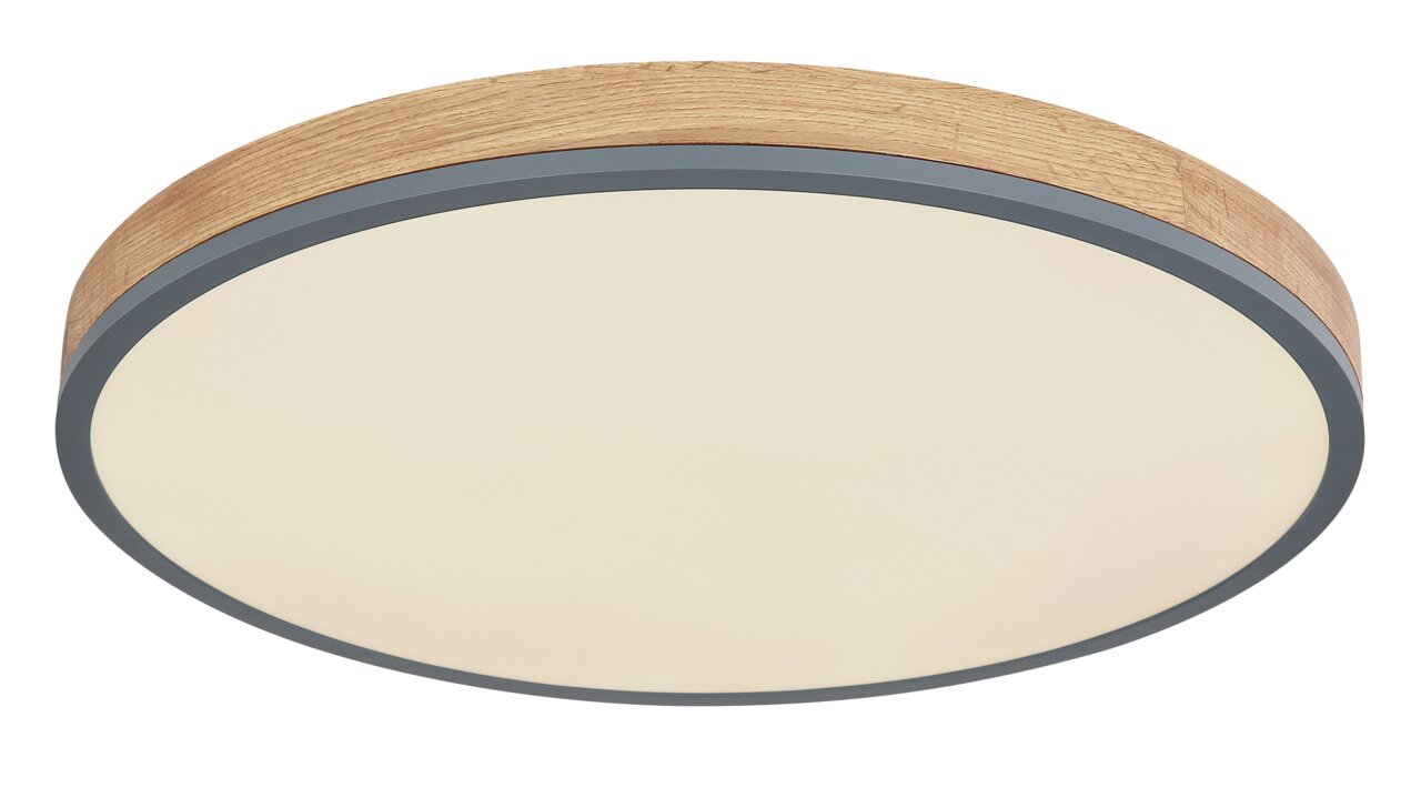 Runde Deckenleuchte DORO aus Holz und Metall, seitliche Perspektive