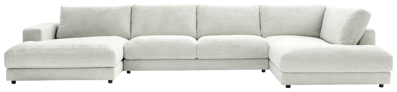 Helles, modernes U-förmiges Sofa mit breiten Armlehnen und geripptem Stoff, Vorderansicht