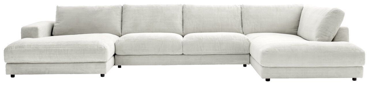 Helles, modernes U-förmiges Sofa mit breiten Armlehnen und geripptem Stoff, Vorderansicht