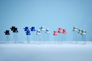 Mehrere Trinkflaschen in verschiedenen Farben, darunter Blau, Schwarz, Weiß, Rosa und Grün, auf einer ebenen Fläche vor einem blauen Hintergrund. Die Flaschen sind aus transparentem Material mit farbigen Deckeln. Perspektive von vorne.