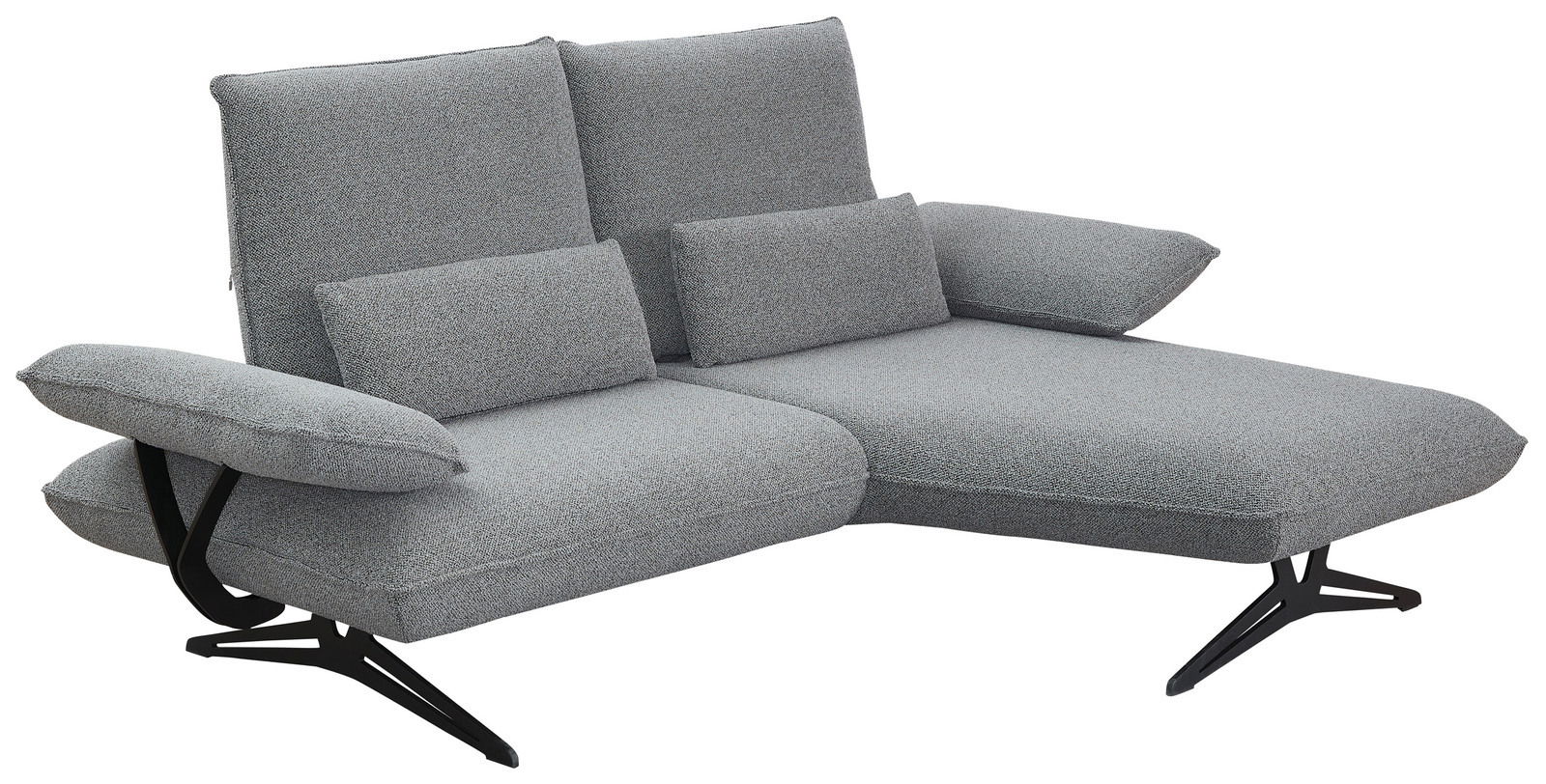 Graue Longchairkombination mit verstellbaren Armlehnen und modernen schwarzen Metallfüßen, seitliche Perspektive.