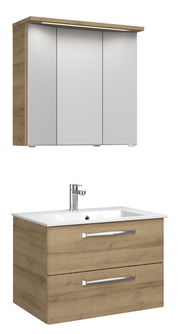 Moderner Badblock mit Holzoptik, bestehend aus einem Spiegelschrank mit drei Türen und einem Waschtisch mit zwei Schubladen, seitliche Perspektive.