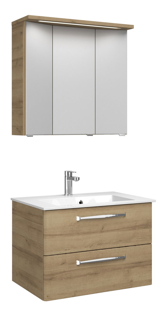 Moderner Badblock mit Holzoptik, bestehend aus einem Spiegelschrank mit drei Türen und einem Waschtisch mit zwei Schubladen, seitliche Perspektive.