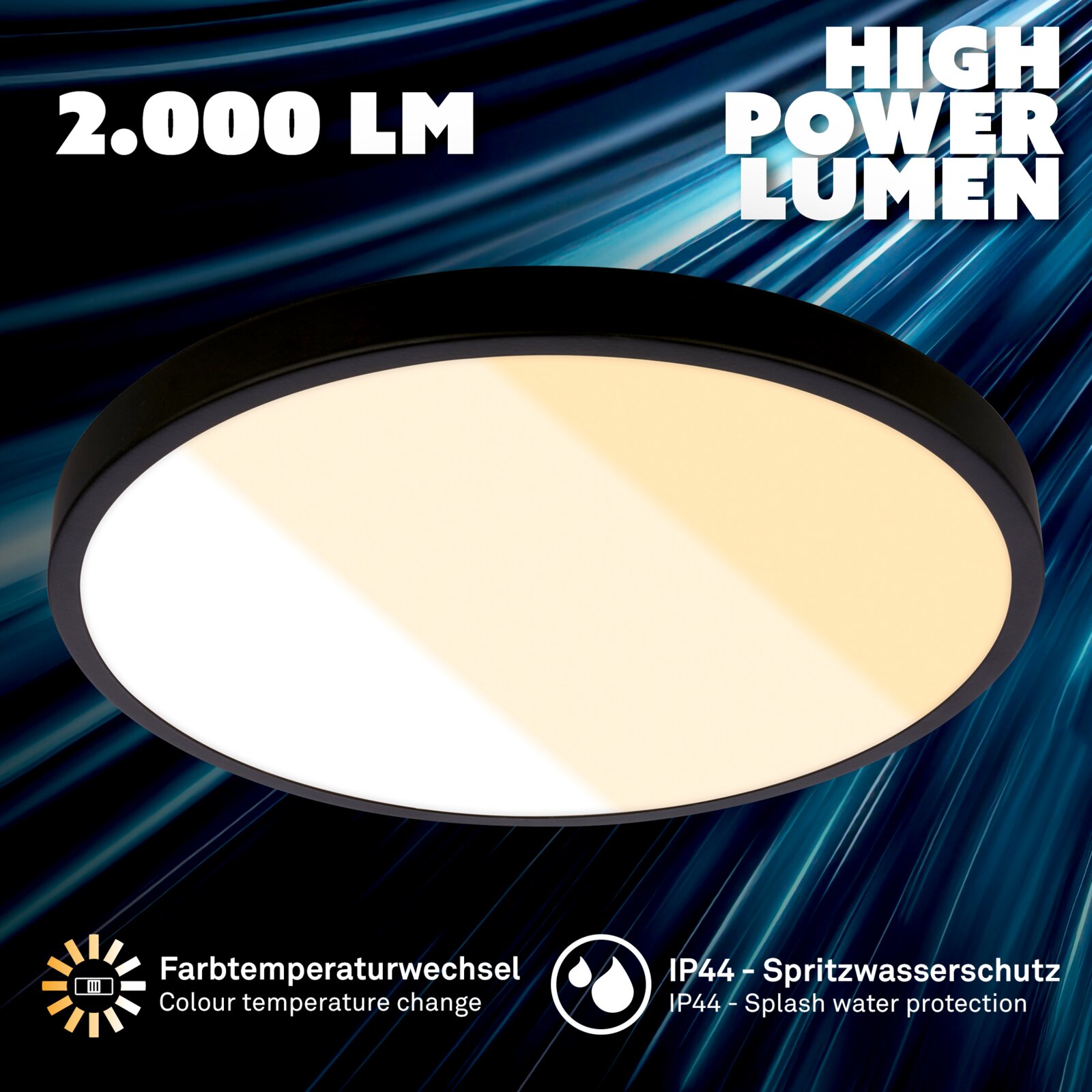 Schuine bovenaanzicht close-up van een ronde LED-plafondlamp met zwart frame en warmwit licht, 2000 lumen, kleurtemperatuurwissel en IP44 spatwaterbescherming