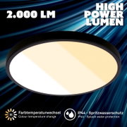 Schuine bovenaanzicht close-up van een ronde LED-plafondlamp met zwart frame en warmwit licht, 2000 lumen, kleurtemperatuurwissel en IP44 spatwaterbescherming