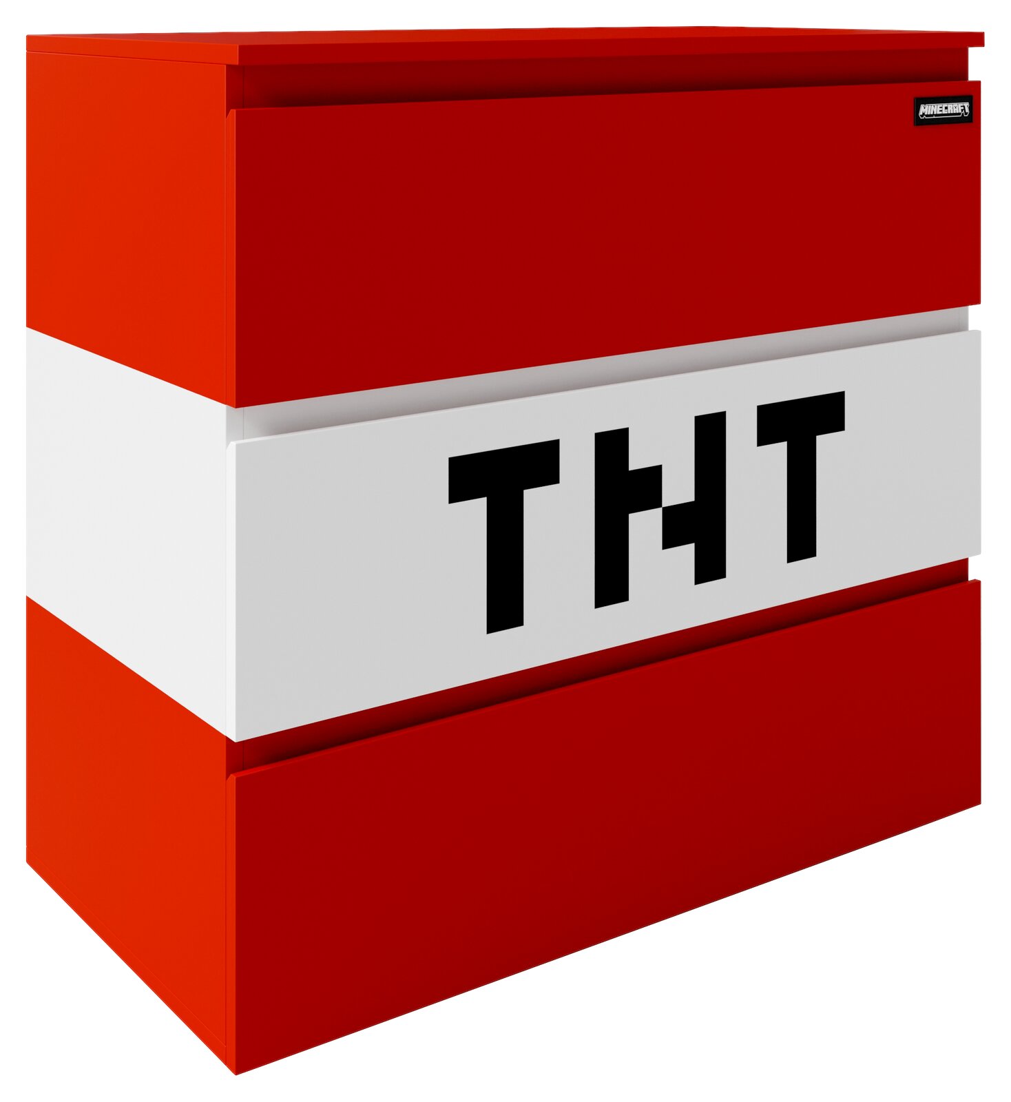 Zurbrüggen Kommode MINECRAFT Roter Minecraft-TNT-Block mit weißem Mittelstreifen und schwarzer Aufschrift „TNT“, dargestellt in schräger Vorderansicht (3/4-Perspektive) vor weißem Hintergrund.