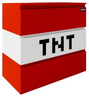 Roter Minecraft-TNT-Block mit weißem Mittelstreifen und schwarzer Aufschrift „TNT“, dargestellt in schräger Vorderansicht (3/4-Perspektive) vor weißem Hintergrund.