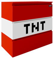 Roter Minecraft-TNT-Block mit weißem Mittelstreifen und schwarzer Aufschrift „TNT“, dargestellt in schräger Vorderansicht (3/4-Perspektive) vor weißem Hintergrund.