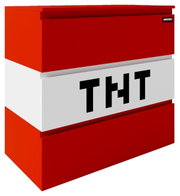 Roter Minecraft-TNT-Block mit weißem Mittelstreifen und schwarzer Aufschrift „TNT“, dargestellt in schräger Vorderansicht (3/4-Perspektive) vor weißem Hintergrund.