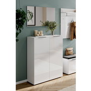 Garderobe Set 1 in moderner, minimalistischer Gestaltung mit weißem Hochglanz-Schrank, Spiegel und Wandhaken, seitliche Perspektive.