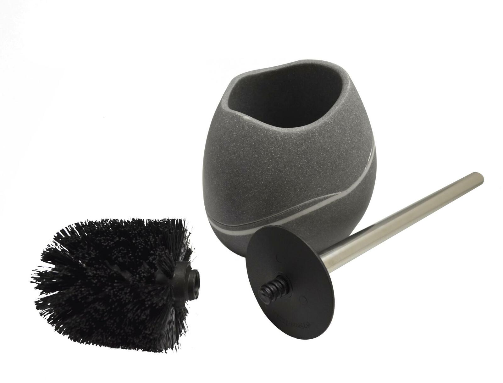 WC-Bürstengarnitur Little Rock in grauer Steinoptik, bestehend aus einer Bürste mit schwarzem Kopf und einem Edelstahlgriff, sowie einem passenden Halter. Perspektive: seitliche Ansicht.
