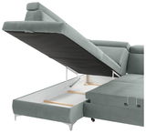 Rundecke (L) in hellgrünem Stoff mit geöffneter Stauraumfunktion, seitliche Perspektive