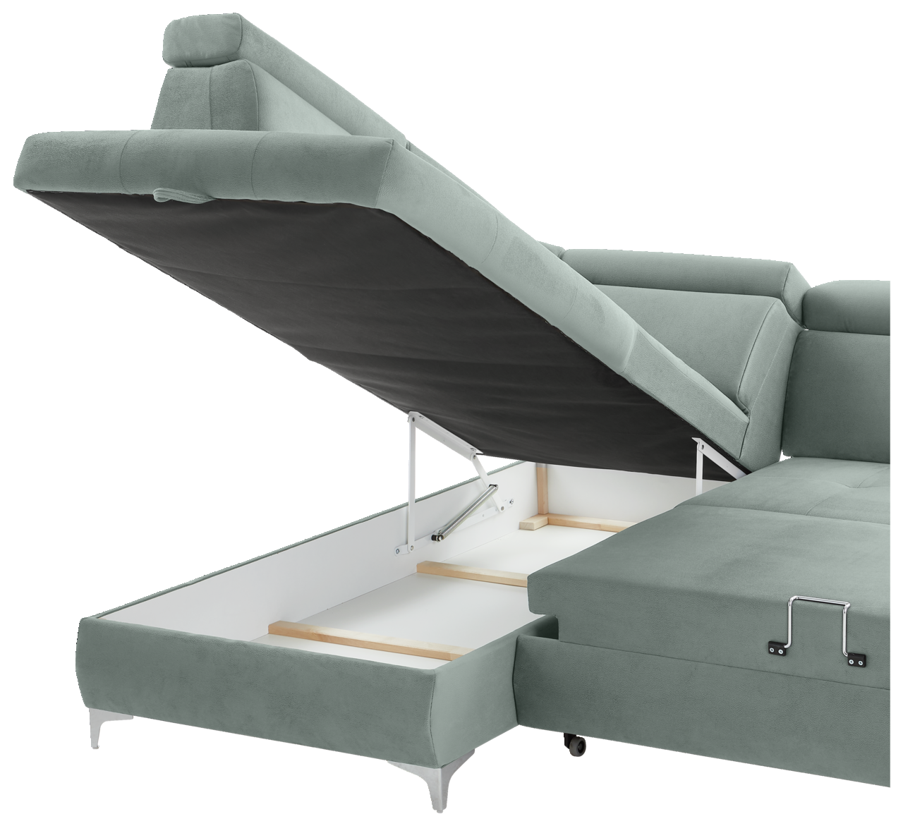 Rundecke (L) in hellgrünem Stoff mit geöffneter Stauraumfunktion, seitliche Perspektive