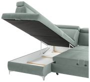 Rundecke (L) in hellgrünem Stoff mit geöffneter Stauraumfunktion, seitliche Perspektive