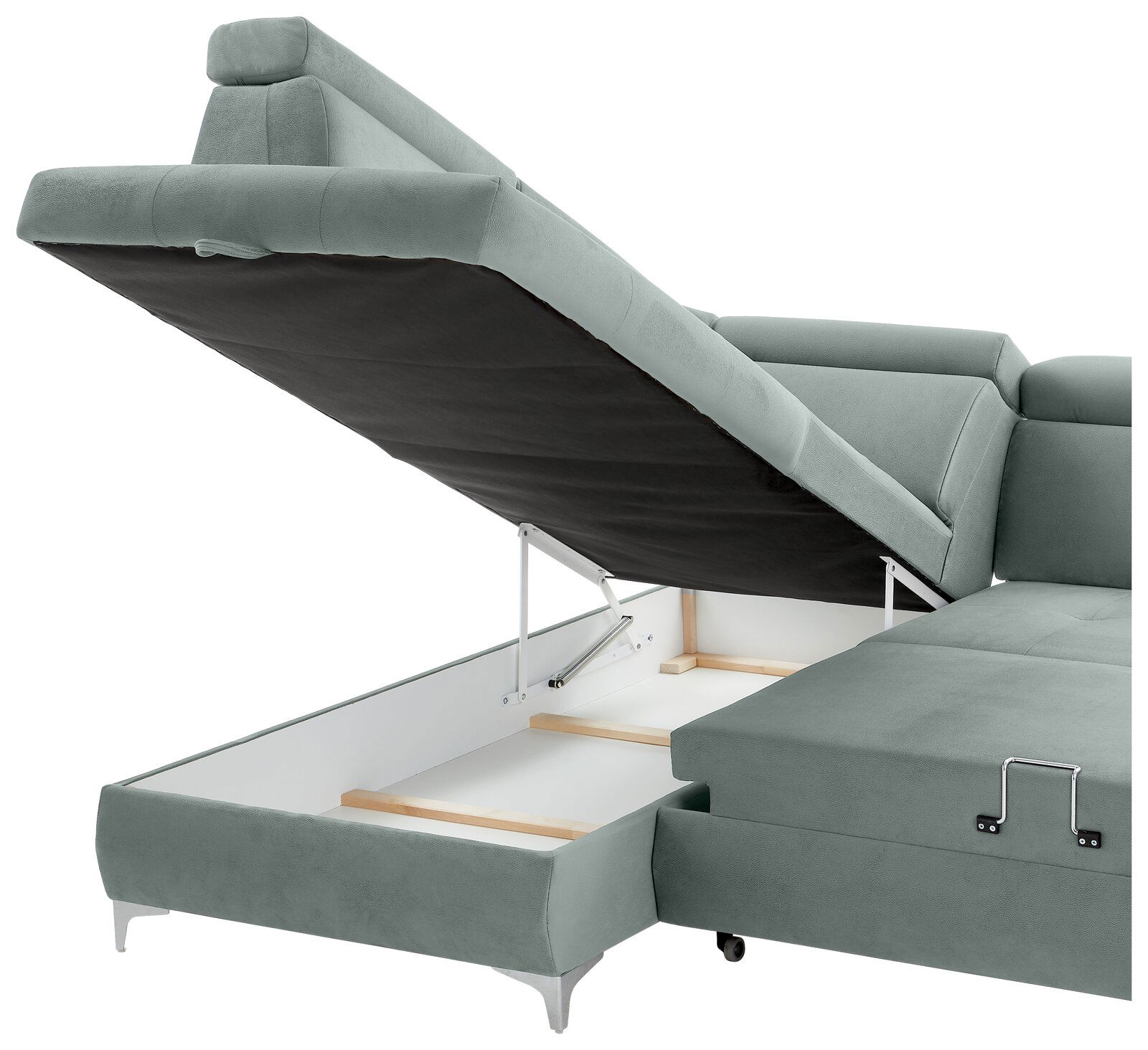 Rundecke (L) in hellgrünem Stoff mit geöffneter Stauraumfunktion, seitliche Perspektive