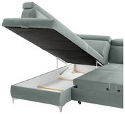 Rundecke (L) in hellgrünem Stoff mit geöffneter Stauraumfunktion, seitliche Perspektive