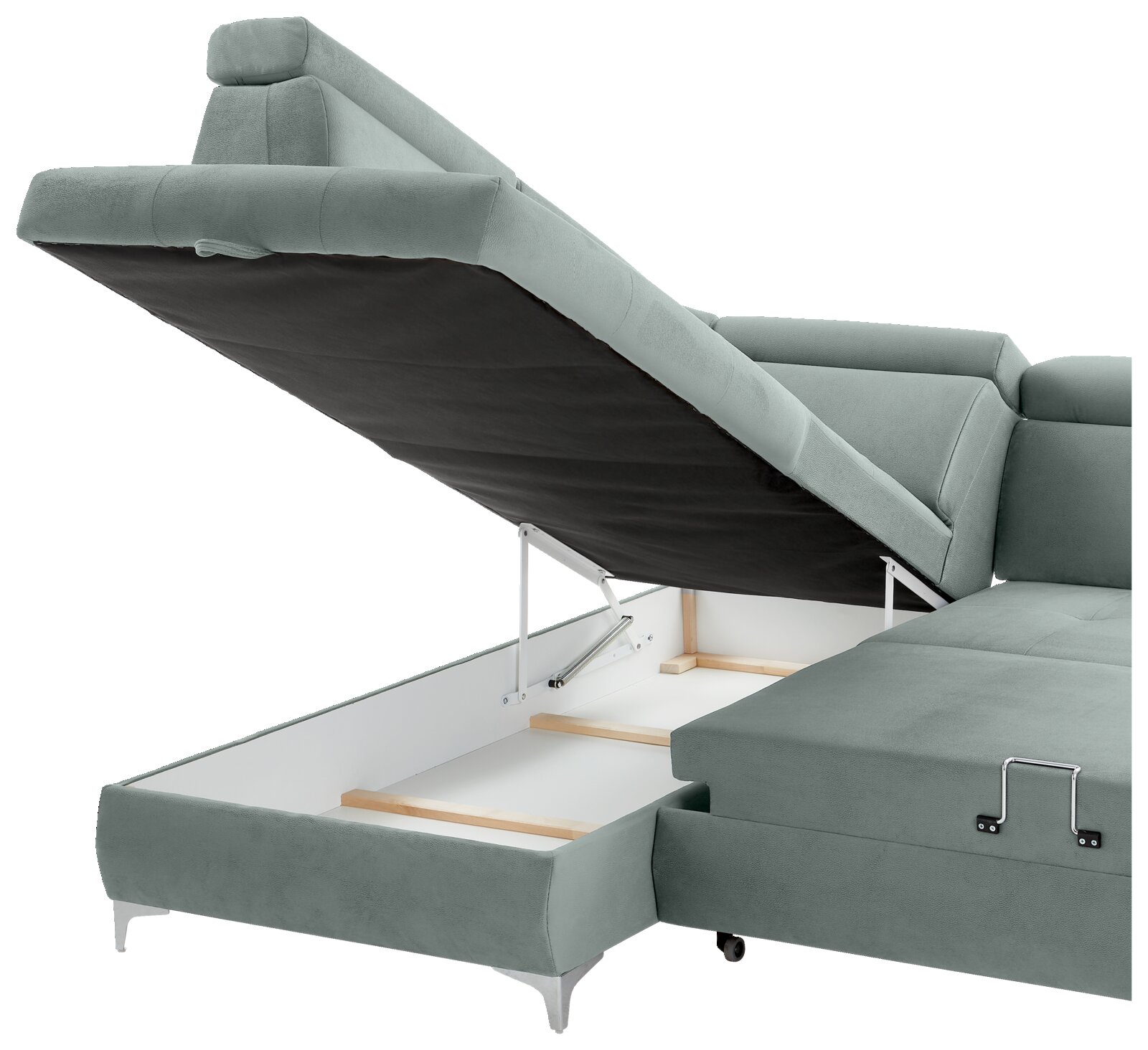 Rundecke (L) in hellgrünem Stoff mit geöffneter Stauraumfunktion, seitliche Perspektive