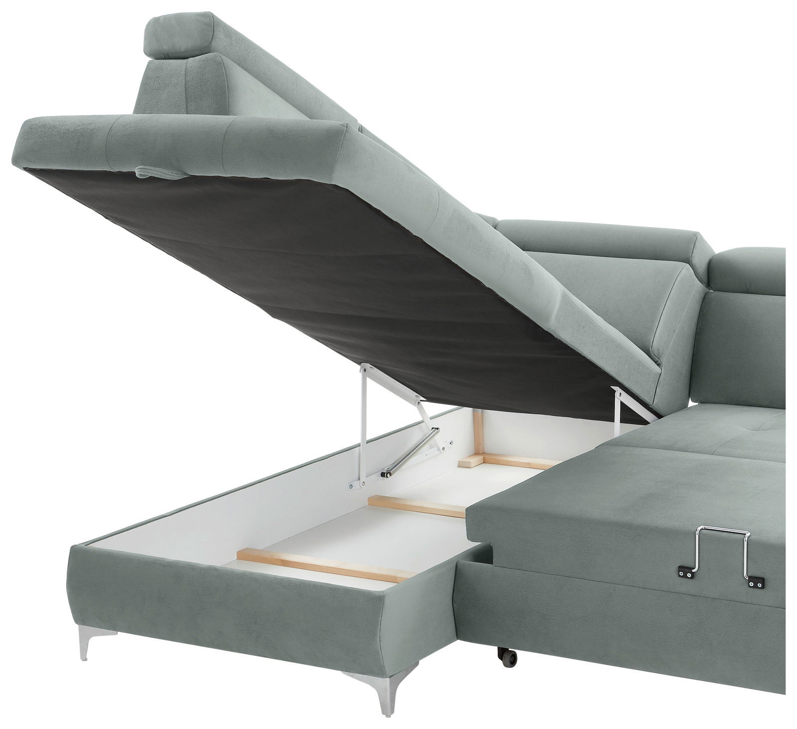 Rundecke (L) in hellgrünem Stoff mit geöffneter Stauraumfunktion, seitliche Perspektive