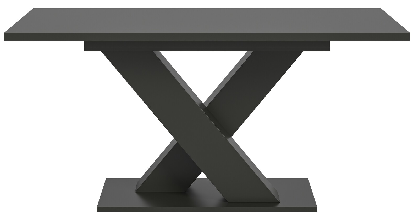 Moderner Esstisch mit X-förmigem Gestell in dunkler Farbe, Frontalansicht