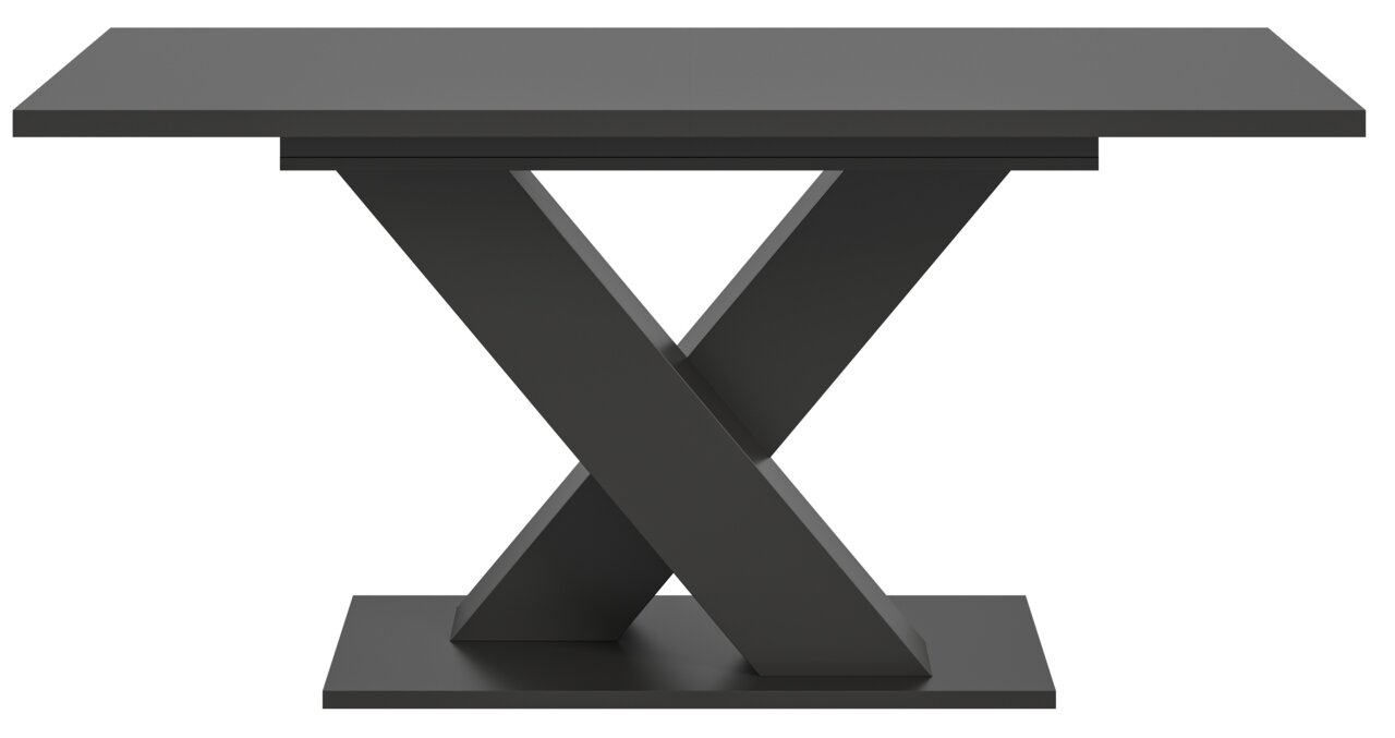 Moderner Esstisch mit X-förmigem Gestell in dunkler Farbe, Frontalansicht